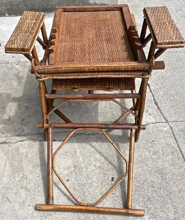 French Vintage Woven Rattan and Bamboo Chaise Lounge with Extendable Ottoman 7