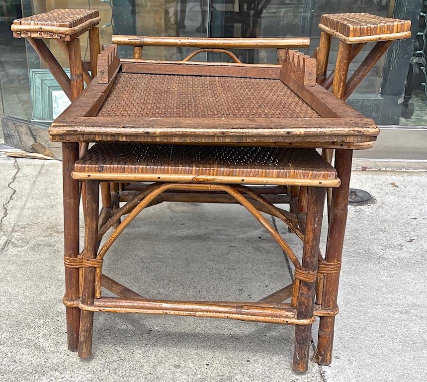 French Vintage Woven Rattan and Bamboo Chaise Lounge with Extendable Ottoman 8