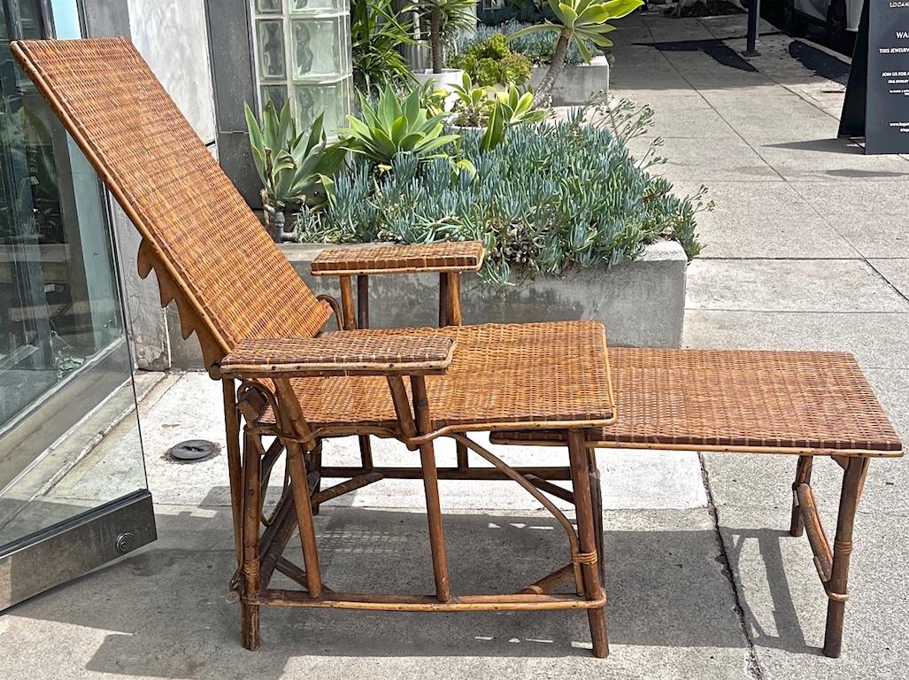 French Vintage Woven Rattan and Bamboo Chaise Lounge with Extendable Ottoman 9