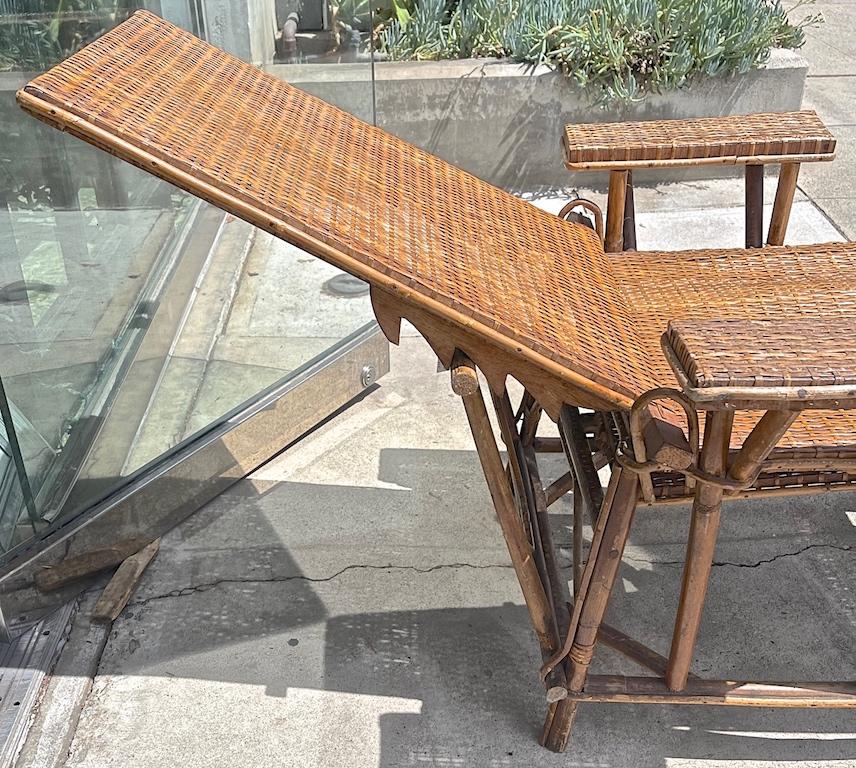 French Vintage Woven Rattan and Bamboo Chaise Lounge with Extendable Ottoman 13