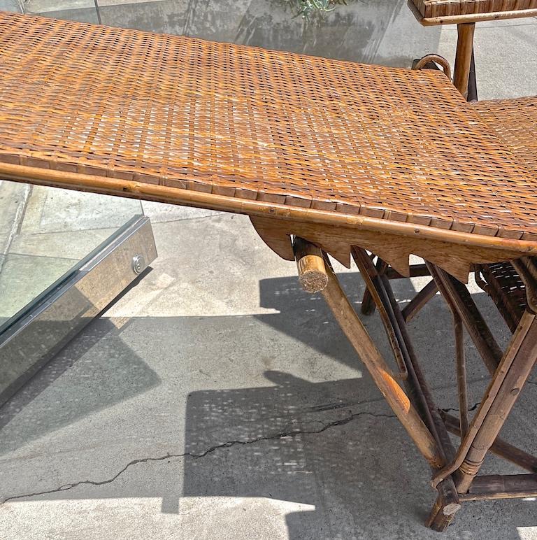 French Vintage Woven Rattan and Bamboo Chaise Lounge with Extendable Ottoman 14