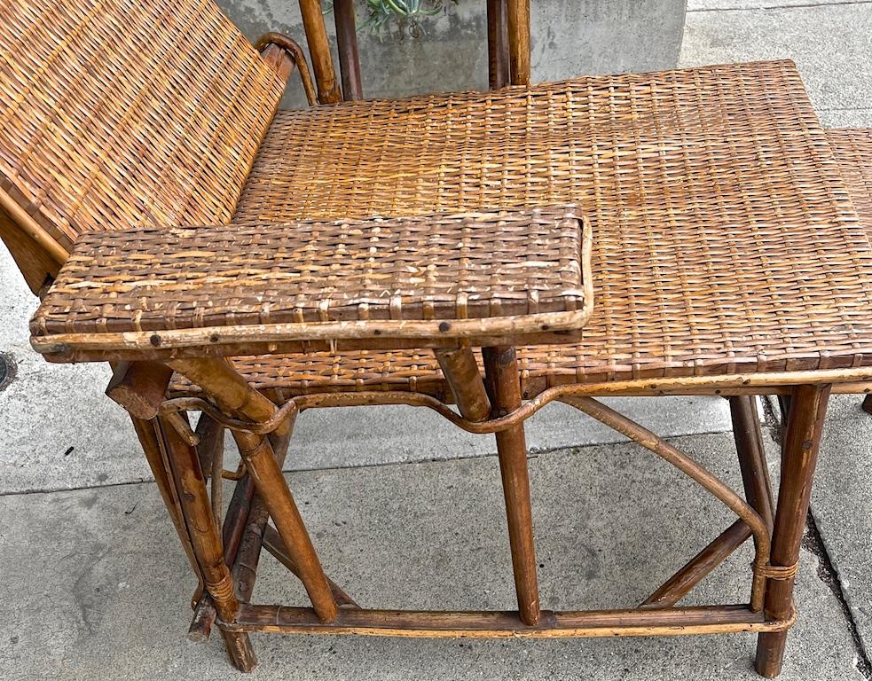 French Vintage Woven Rattan and Bamboo Chaise Lounge with Extendable Ottoman 1