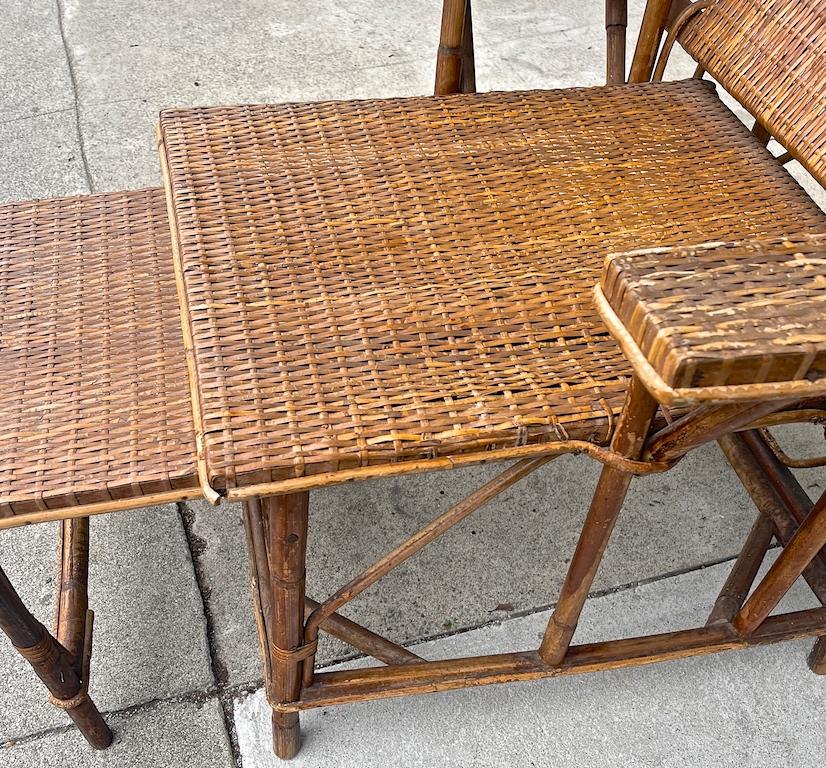 French Vintage Woven Rattan and Bamboo Chaise Lounge with Extendable Ottoman 2