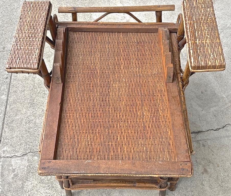French Vintage Woven Rattan and Bamboo Chaise Lounge with Extendable Ottoman 3