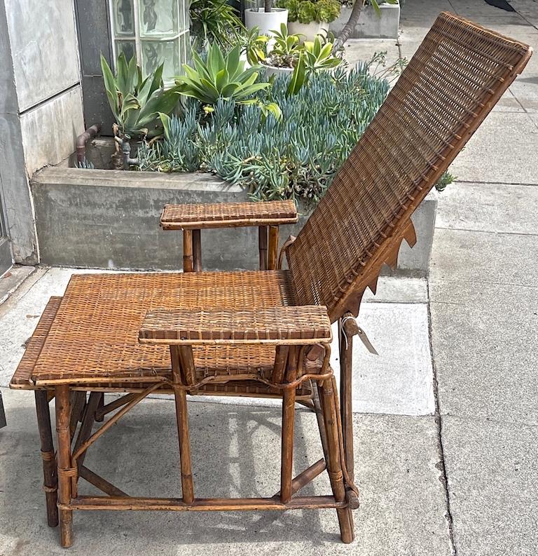 French Vintage Woven Rattan and Bamboo Chaise Lounge with Extendable Ottoman 5