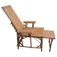 French Vintage Woven Rattan and Bamboo Chaise Lounge with Extendable Ottoman