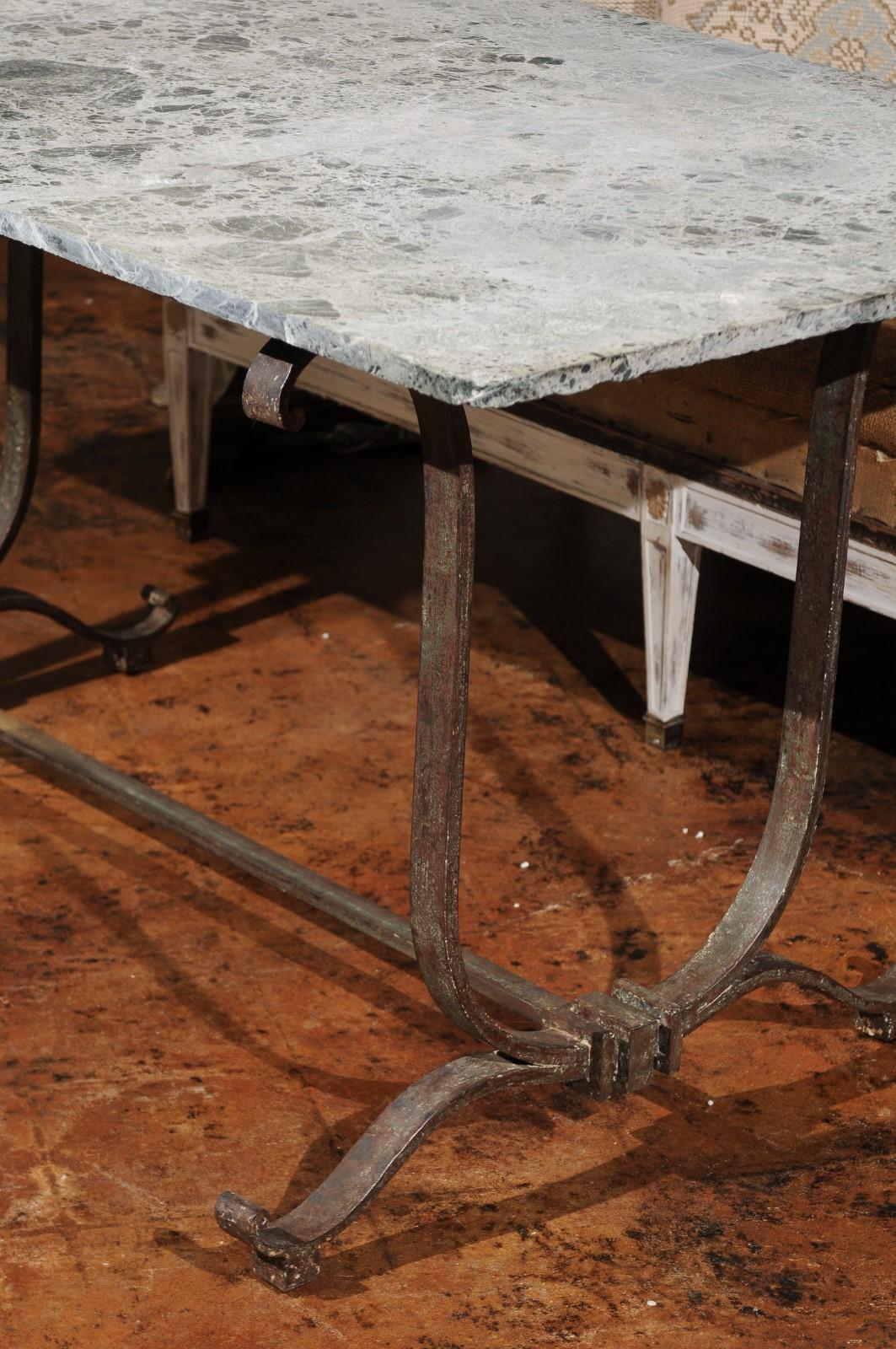 French Vintage Wrought-Iron Garden Table with Original Marble Top, circa 1940 In Good Condition In Atlanta, GA