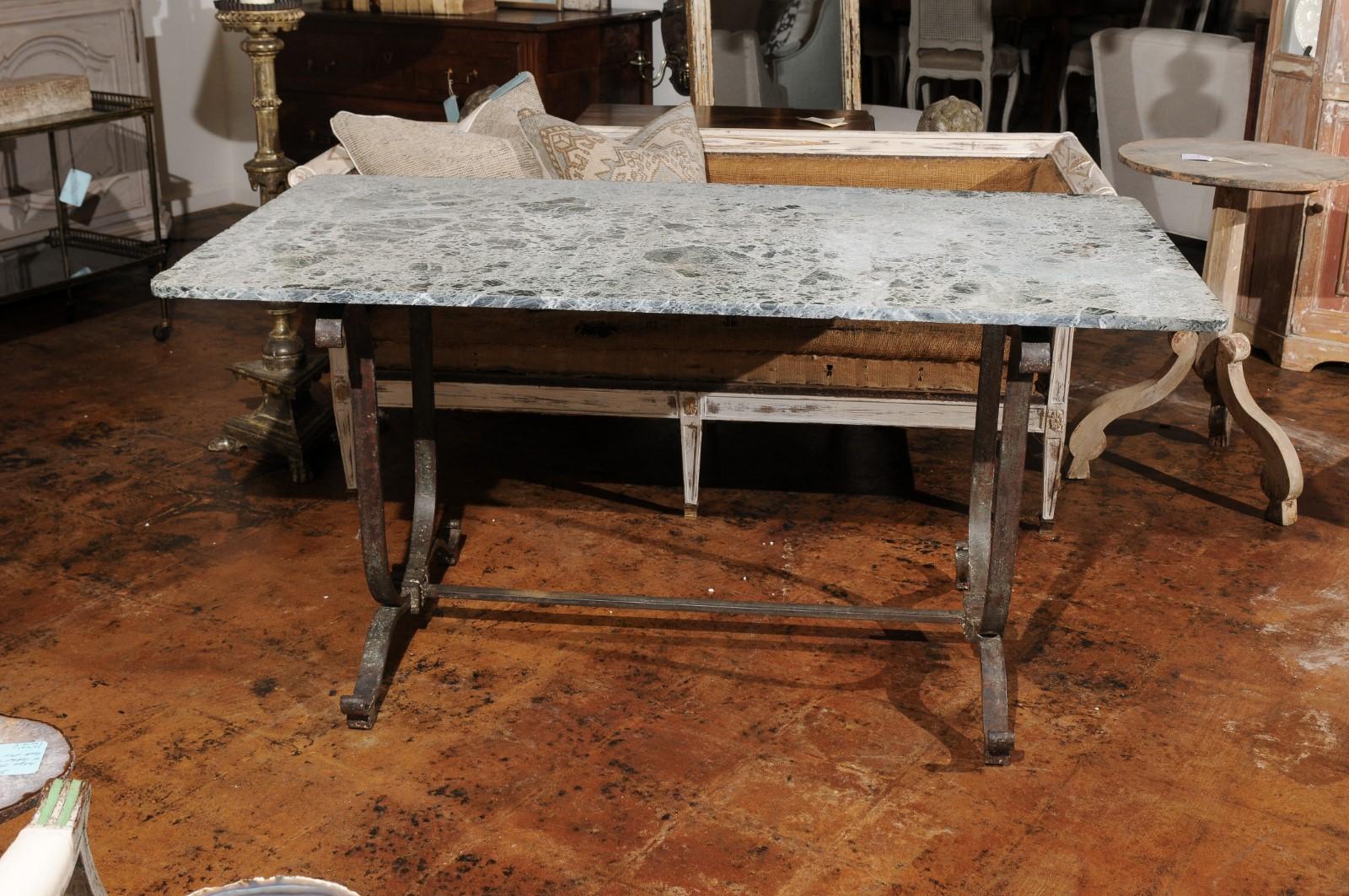 French Vintage Wrought-Iron Garden Table with Original Marble Top, circa 1940 3