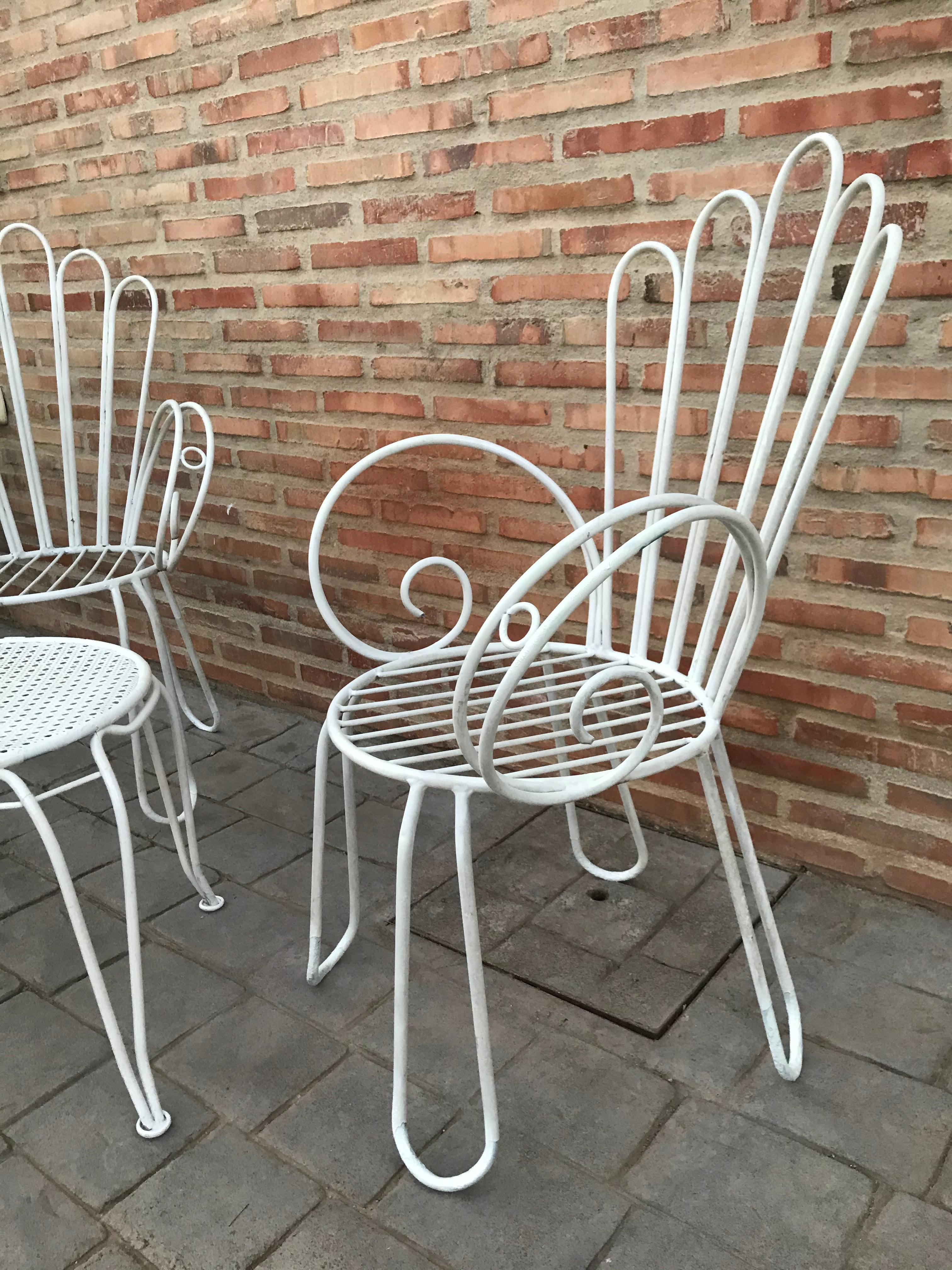 French Vintage Wrought Iron White Painting Set of Garden Bistro Outdoor 1