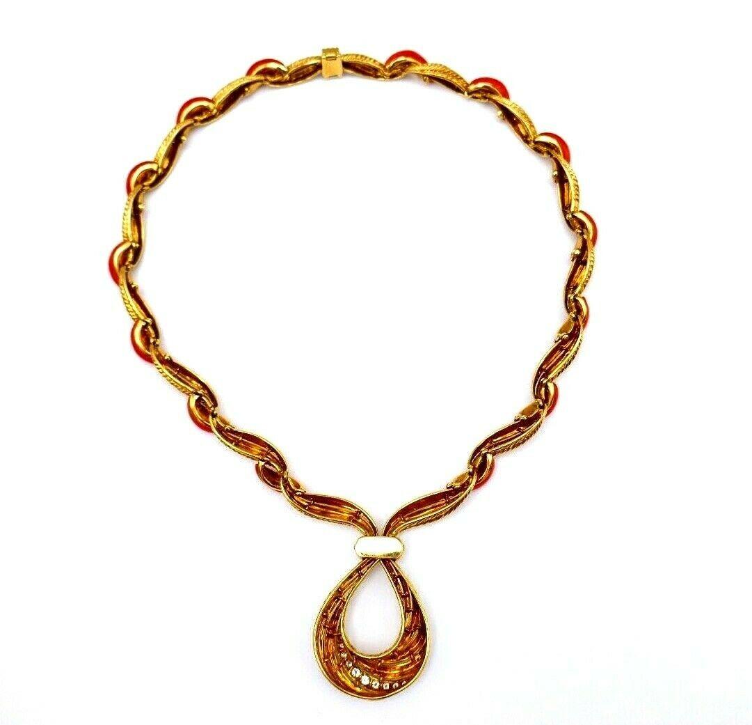 Vintage French Necklace Yellow Gold Diamond Coral Choker In Excellent Condition In Beverly Hills, CA