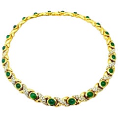 French Vintage Yellow Gold Emerald Diamond Collar Necklace