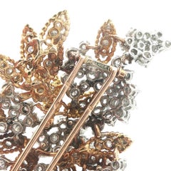 French Vintage Yellow Gold Platinum 13ctw Fiery Diamond Large Floral Pin Brooch