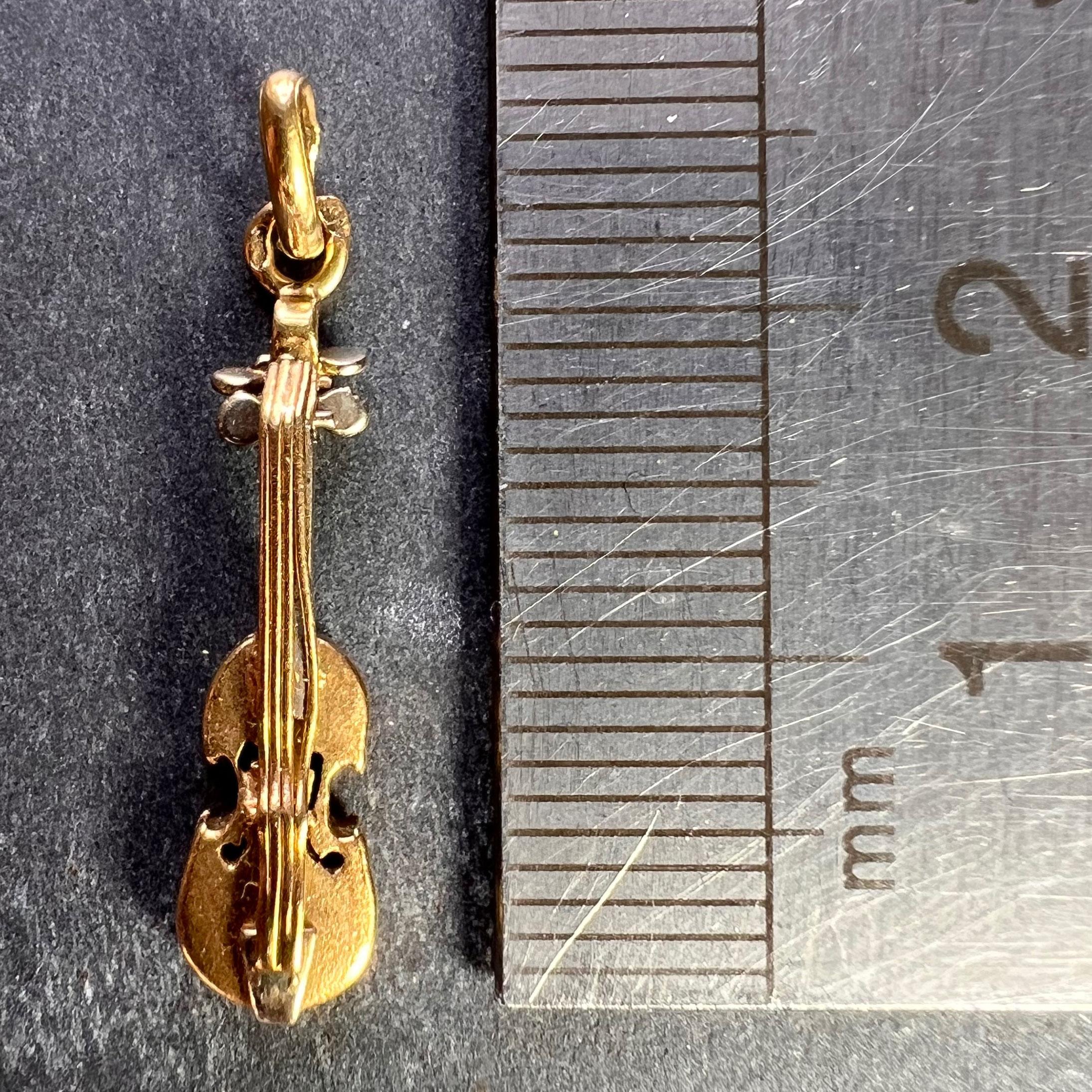 French Violin 18K Yellow White Gold Charm Pendant For Sale 3