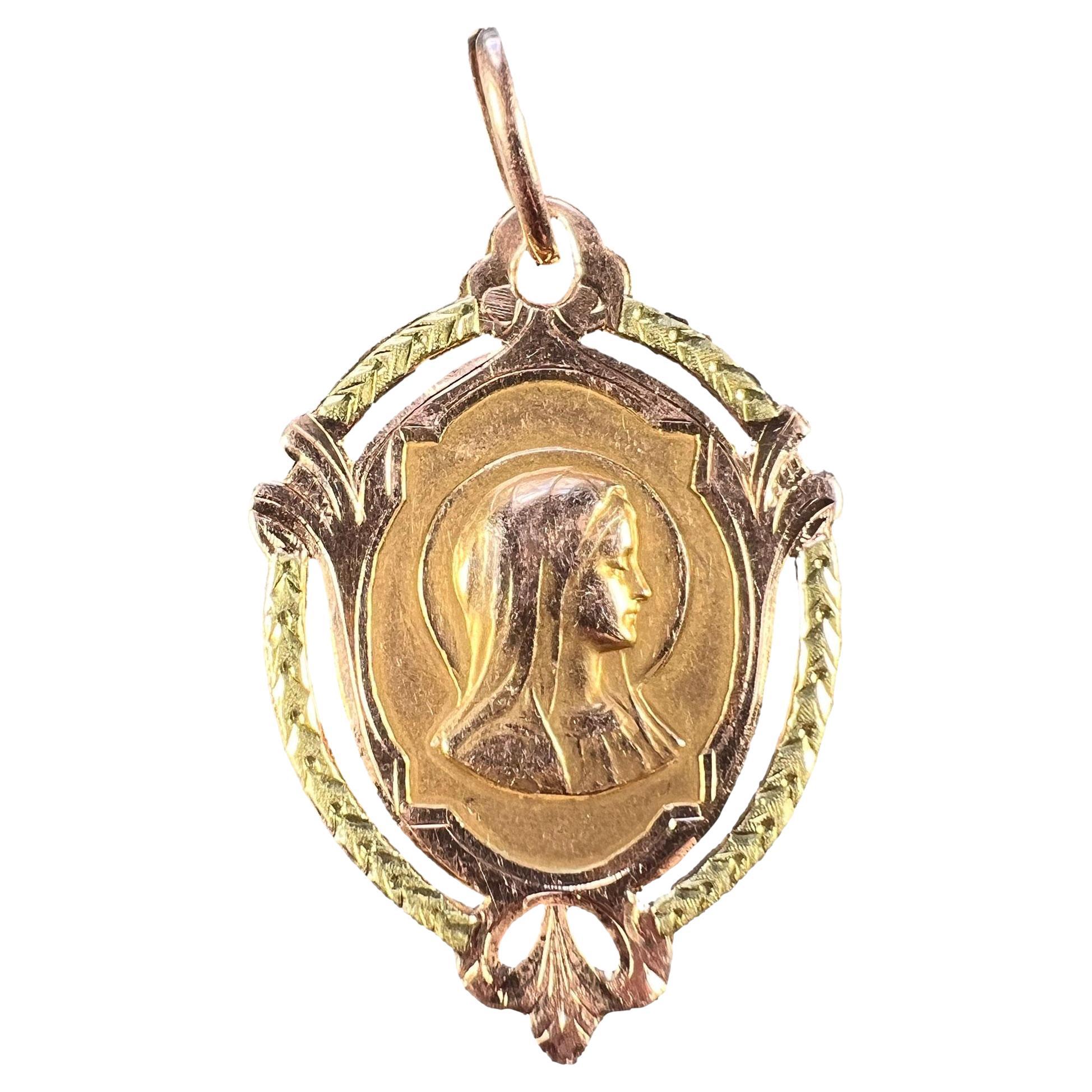 Pendentif breloque française Virgin Mary en or rose 18 carats avec médaille