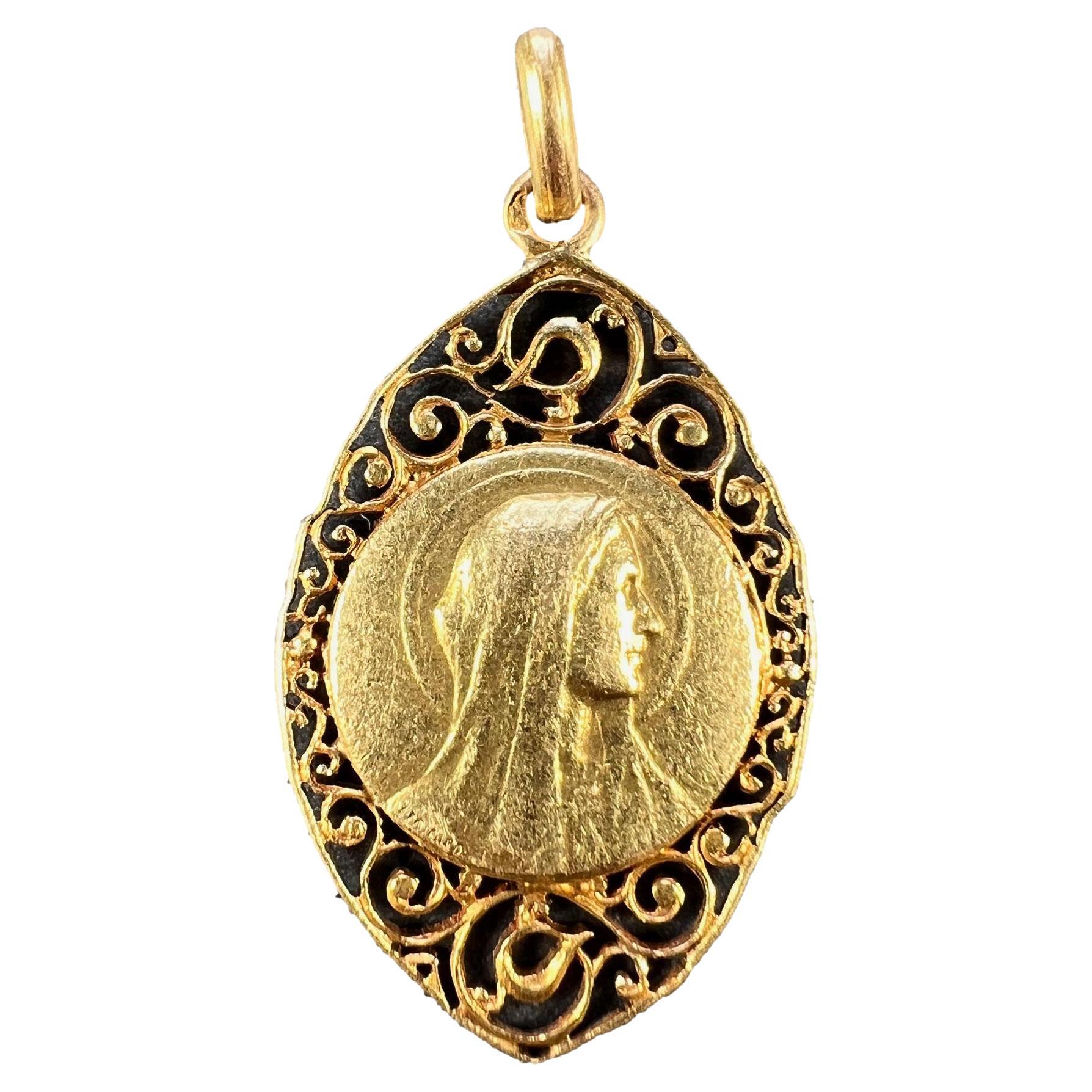 French Virgin Mary 18k Yellow Gold Charm Pendant For Sale