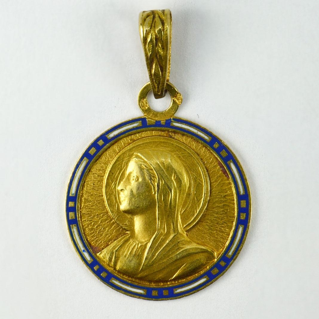 Women's or Men's French Virgin Mary 18K Yellow Gold Enamel Charm Pendant For Sale