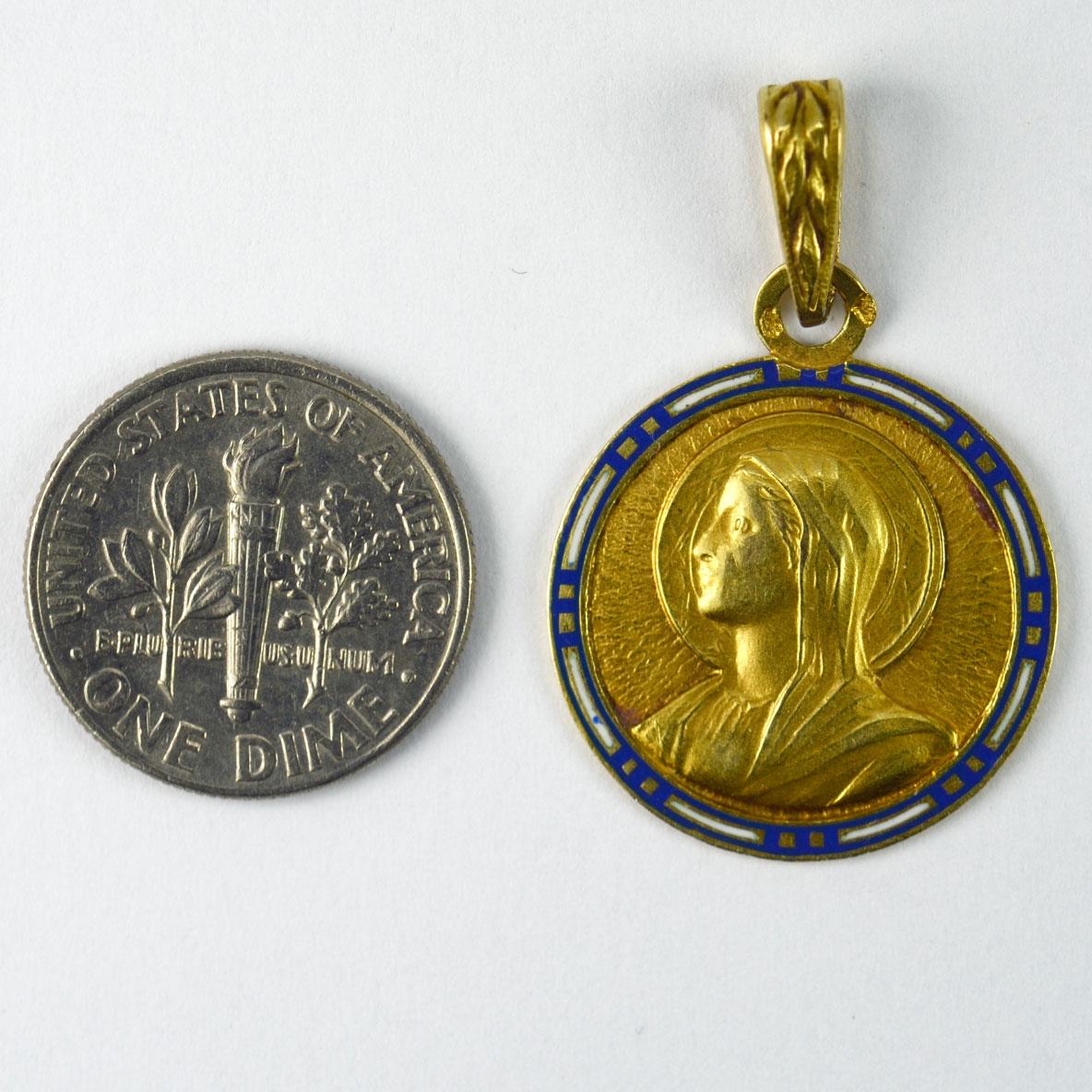 French Virgin Mary 18K Yellow Gold Enamel Charm Pendant For Sale 2