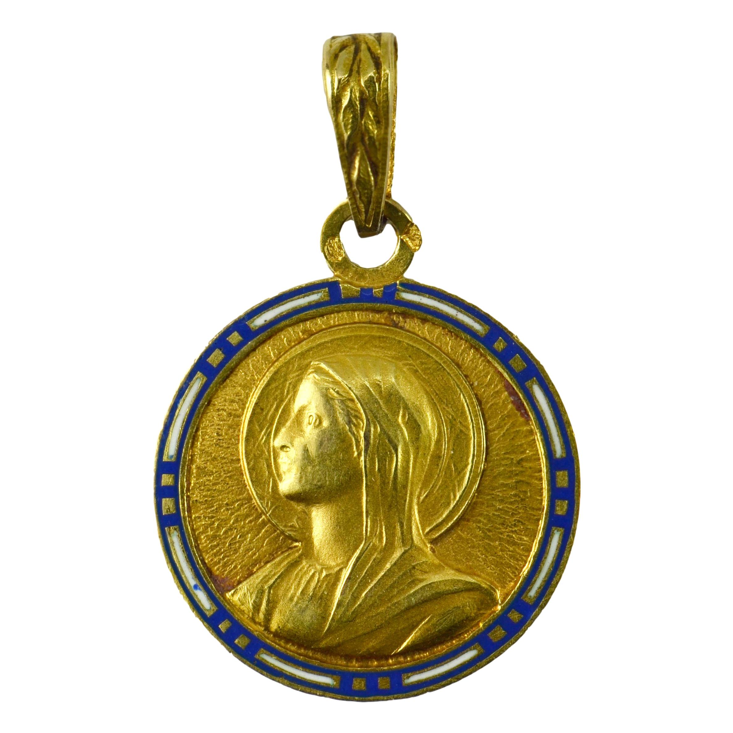 French Virgin Mary 18K Yellow Gold Enamel Charm Pendant For Sale