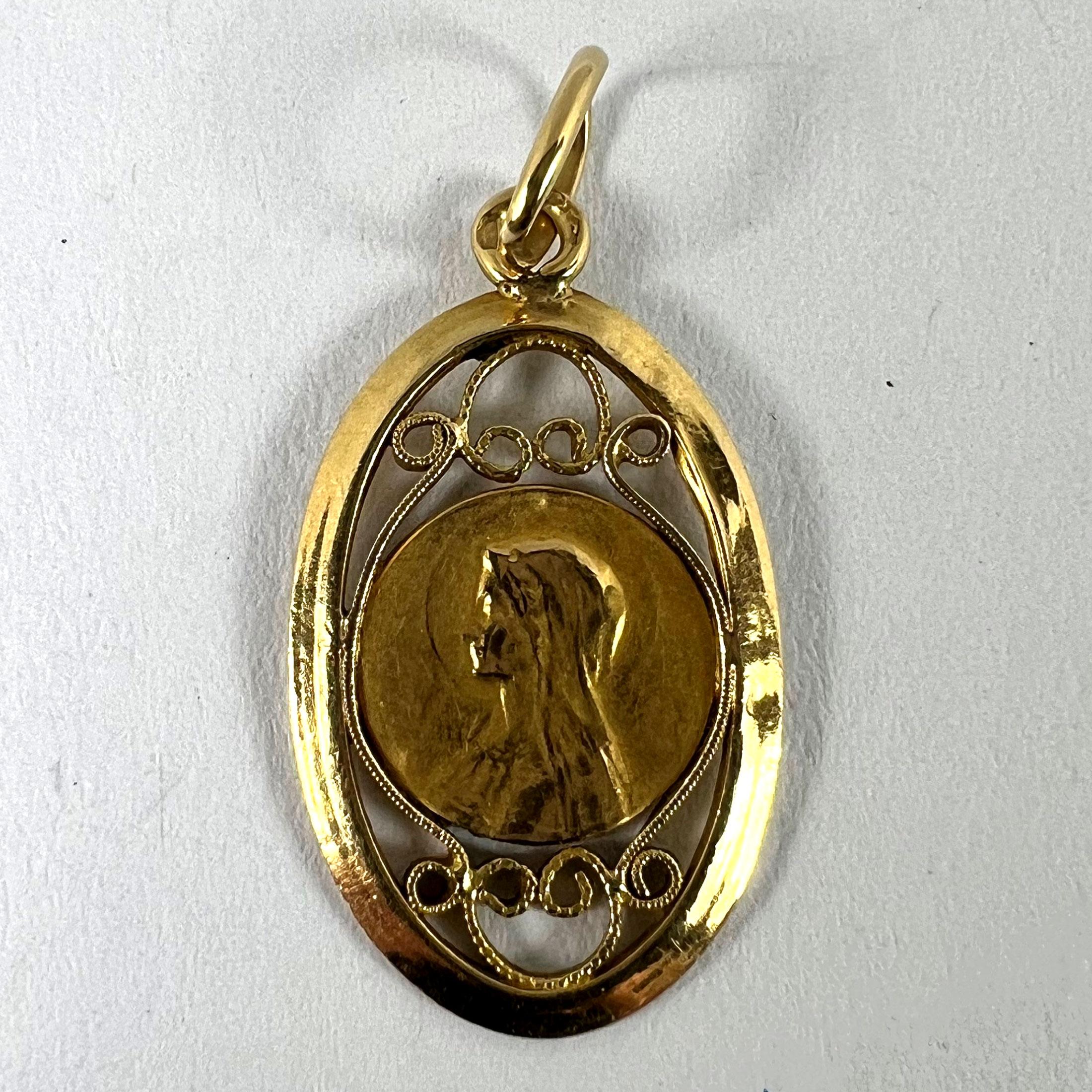 French Virgin Mary 18K Yellow Gold Filigree Charm Pendant Medal For Sale 7