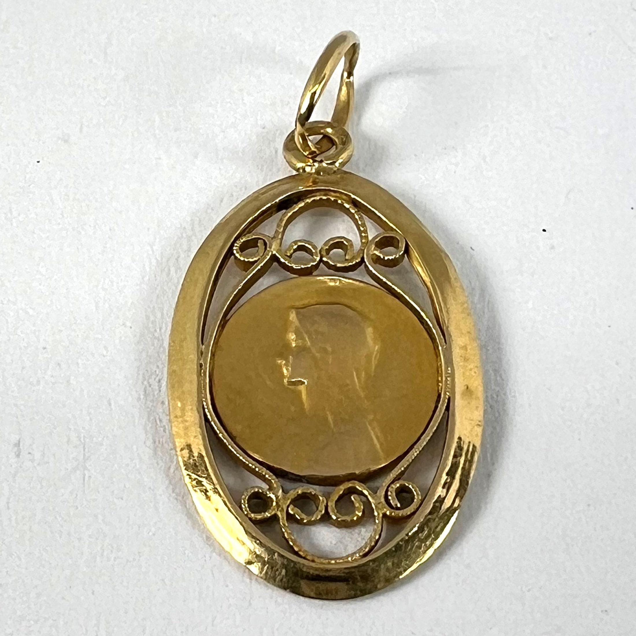 French Virgin Mary 18K Yellow Gold Filigree Charm Pendant Medal For Sale 8