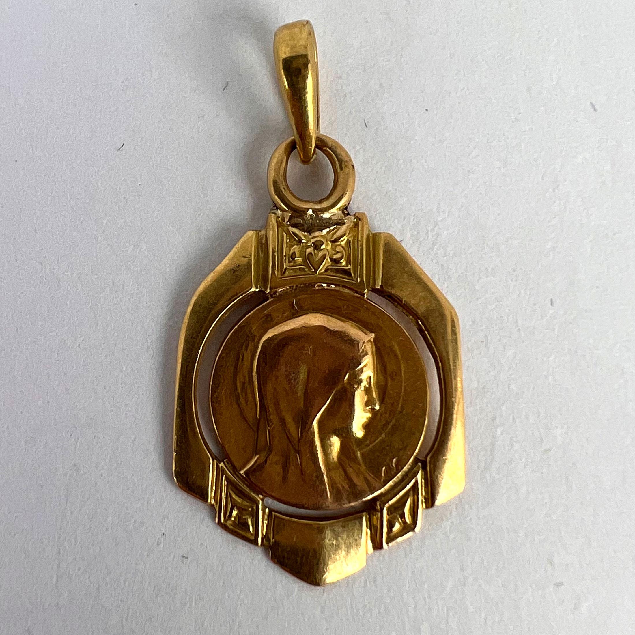 French Virgin Mary 18K Yellow Gold Frame Medal Charm Pendant For Sale 6
