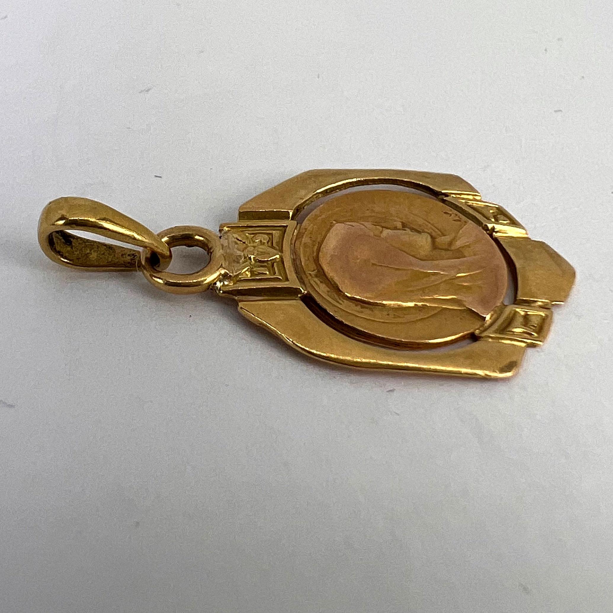 French Virgin Mary 18K Yellow Gold Frame Medal Charm Pendant For Sale 9