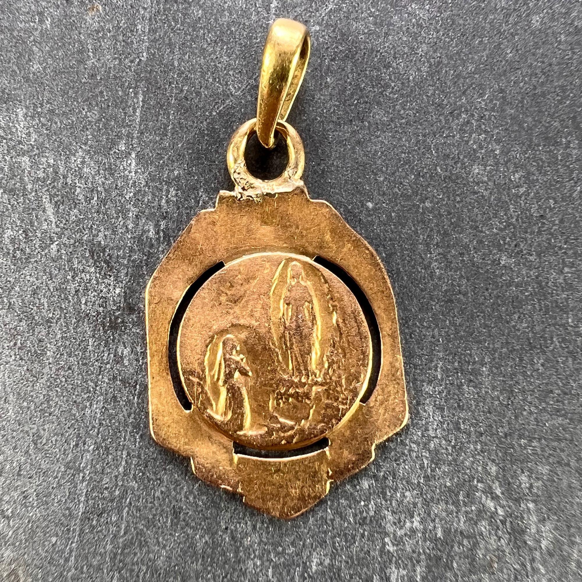 Art Deco French Virgin Mary 18K Yellow Gold Frame Medal Charm Pendant For Sale