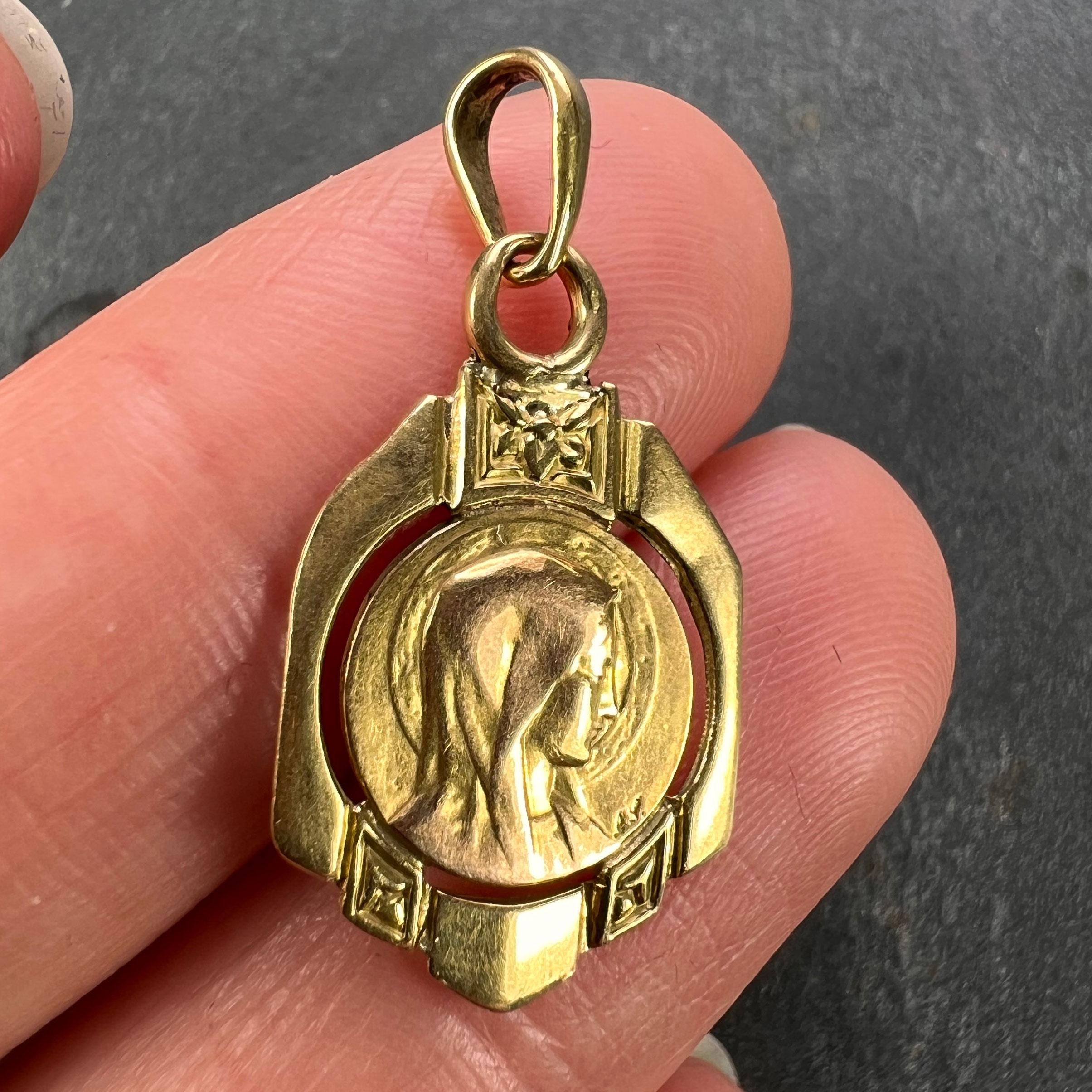 Women's French Virgin Mary 18K Yellow Gold Frame Medal Charm Pendant For Sale