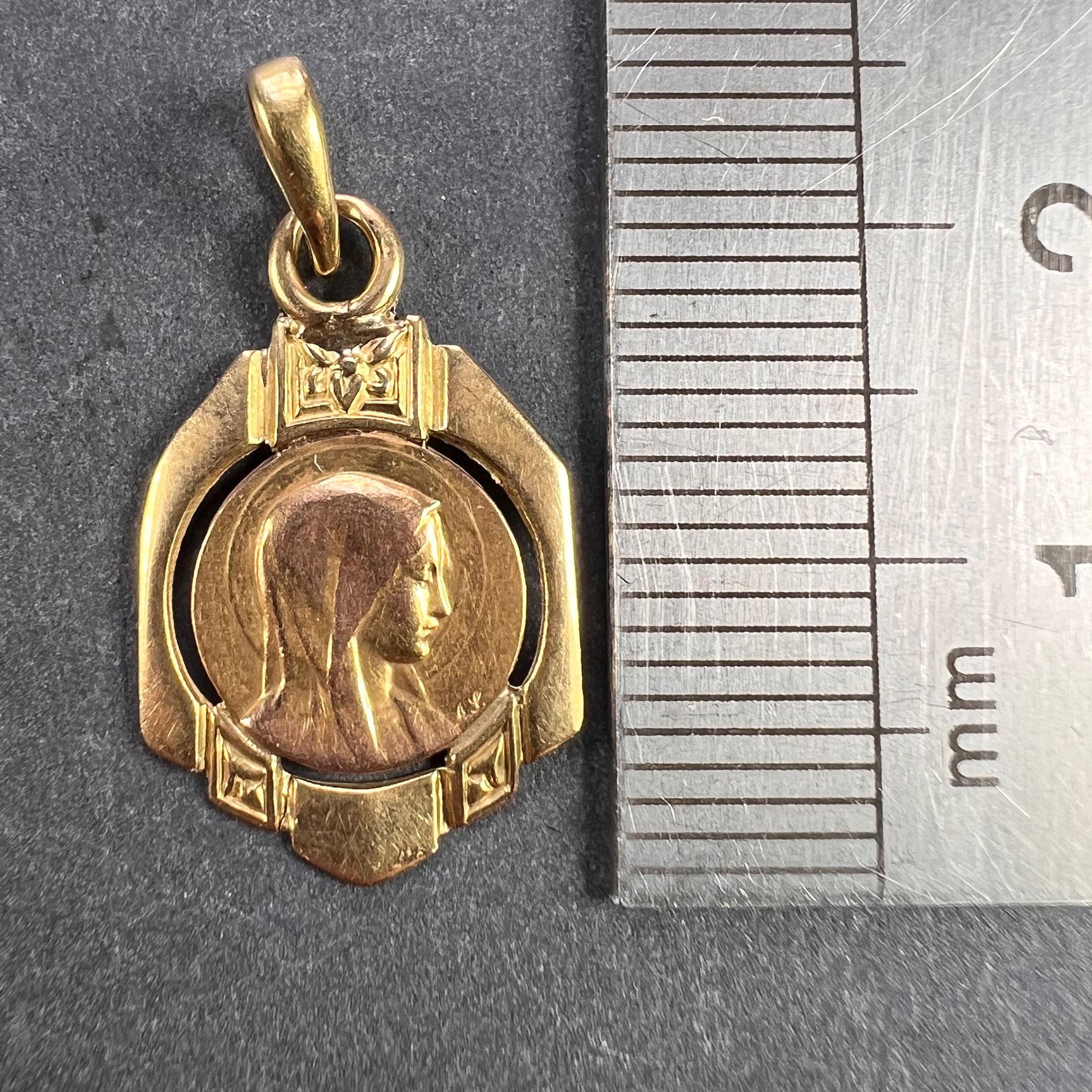 French Virgin Mary 18K Yellow Gold Frame Medal Charm Pendant For Sale 4