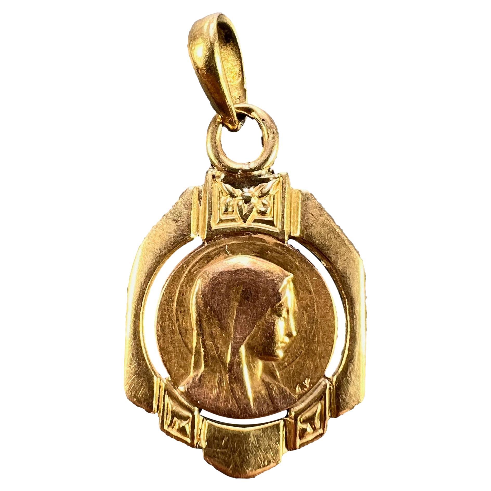 French Virgin Mary 18K Yellow Gold Frame Medal Charm Pendant For Sale