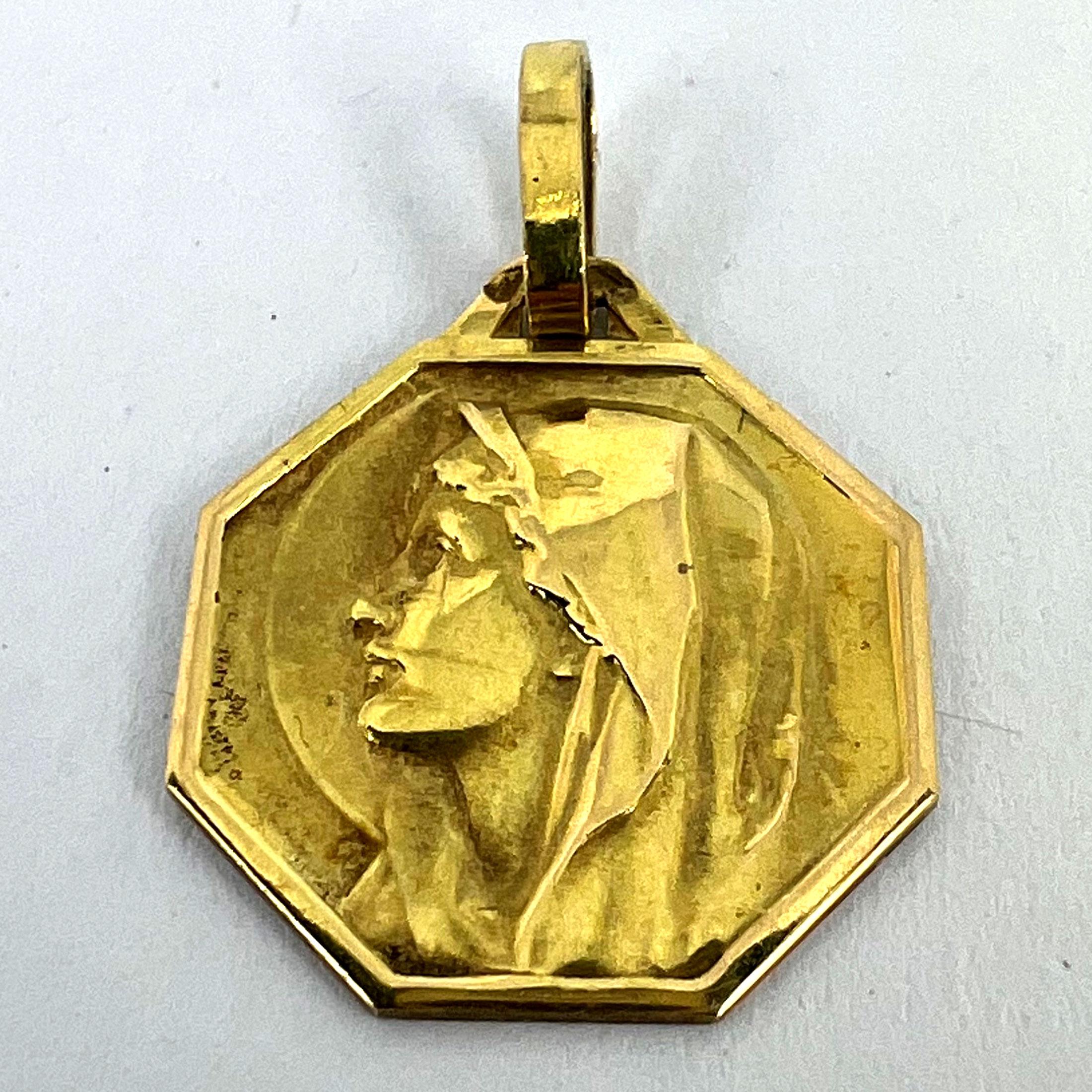 French Virgin Mary 18K Yellow Gold Medal Charm Pendant For Sale 8