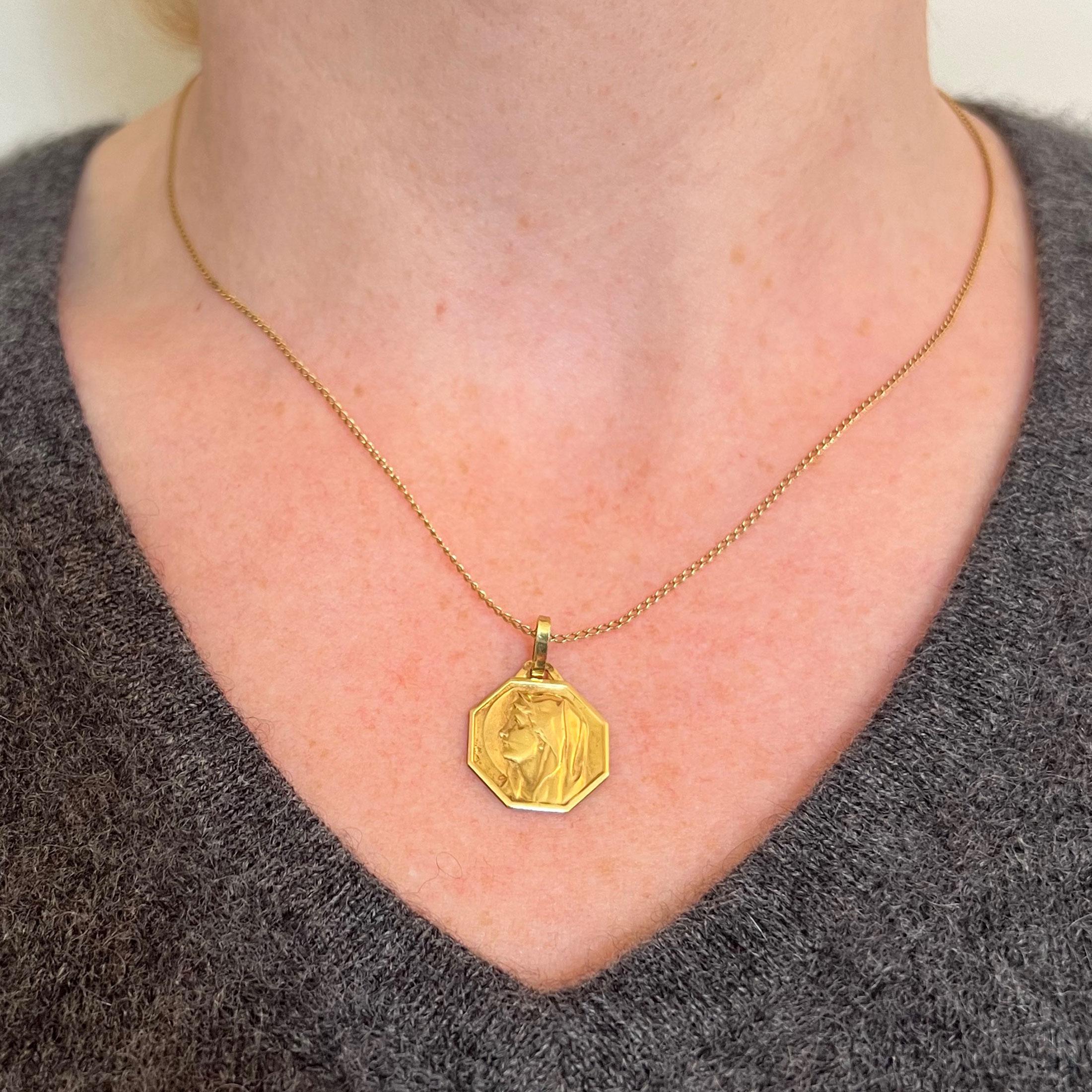 Women's French Virgin Mary 18K Yellow Gold Medal Charm Pendant For Sale