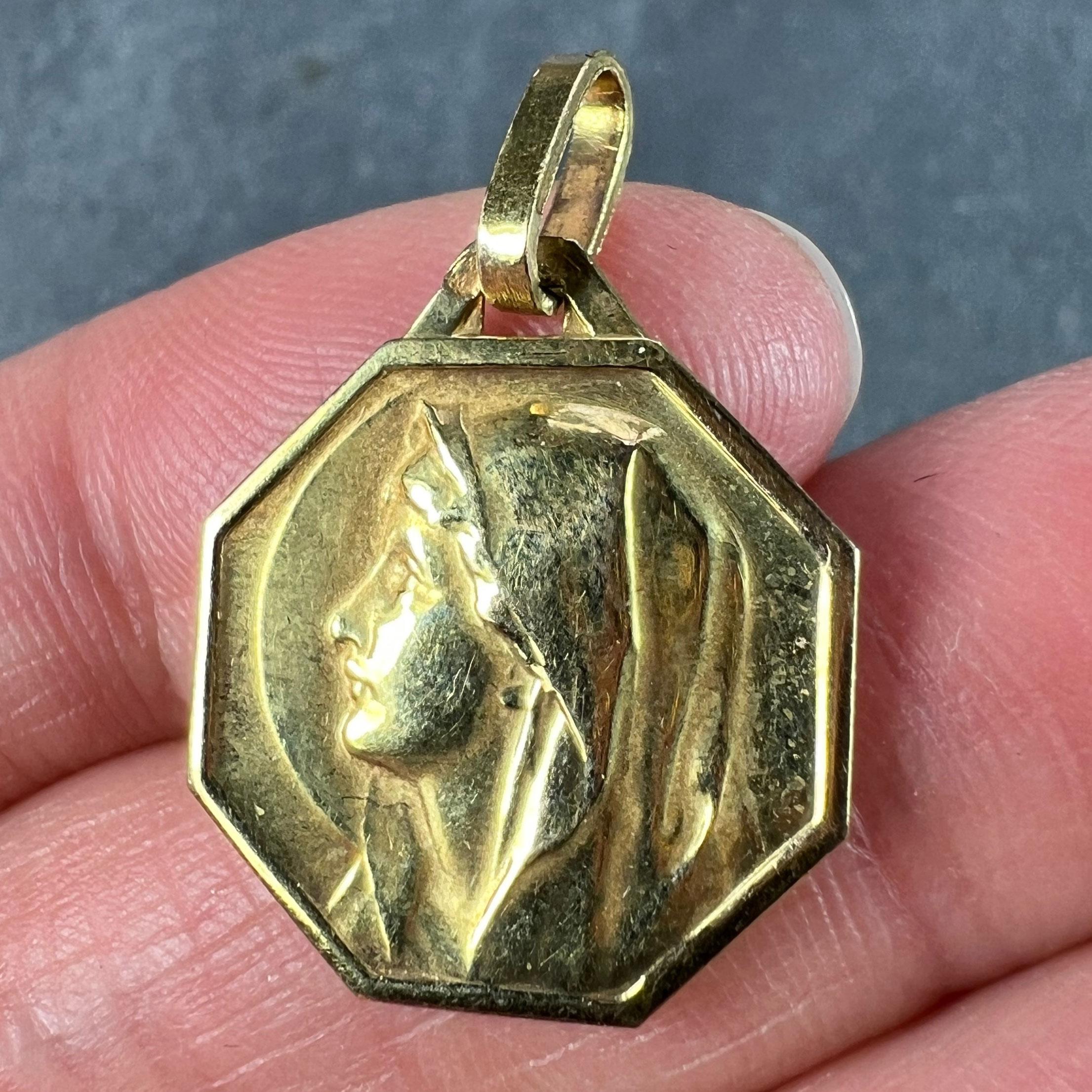 French Virgin Mary 18K Yellow Gold Medal Charm Pendant For Sale 1