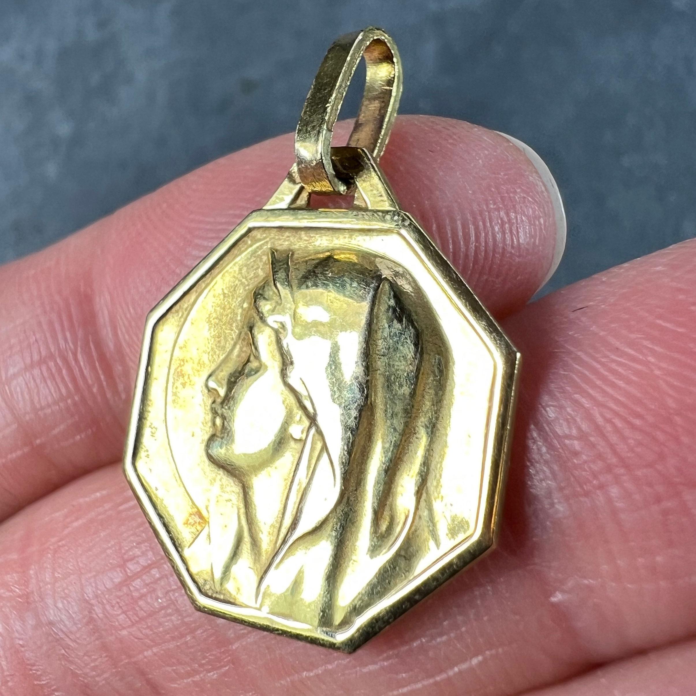 French Virgin Mary 18K Yellow Gold Medal Charm Pendant For Sale 2