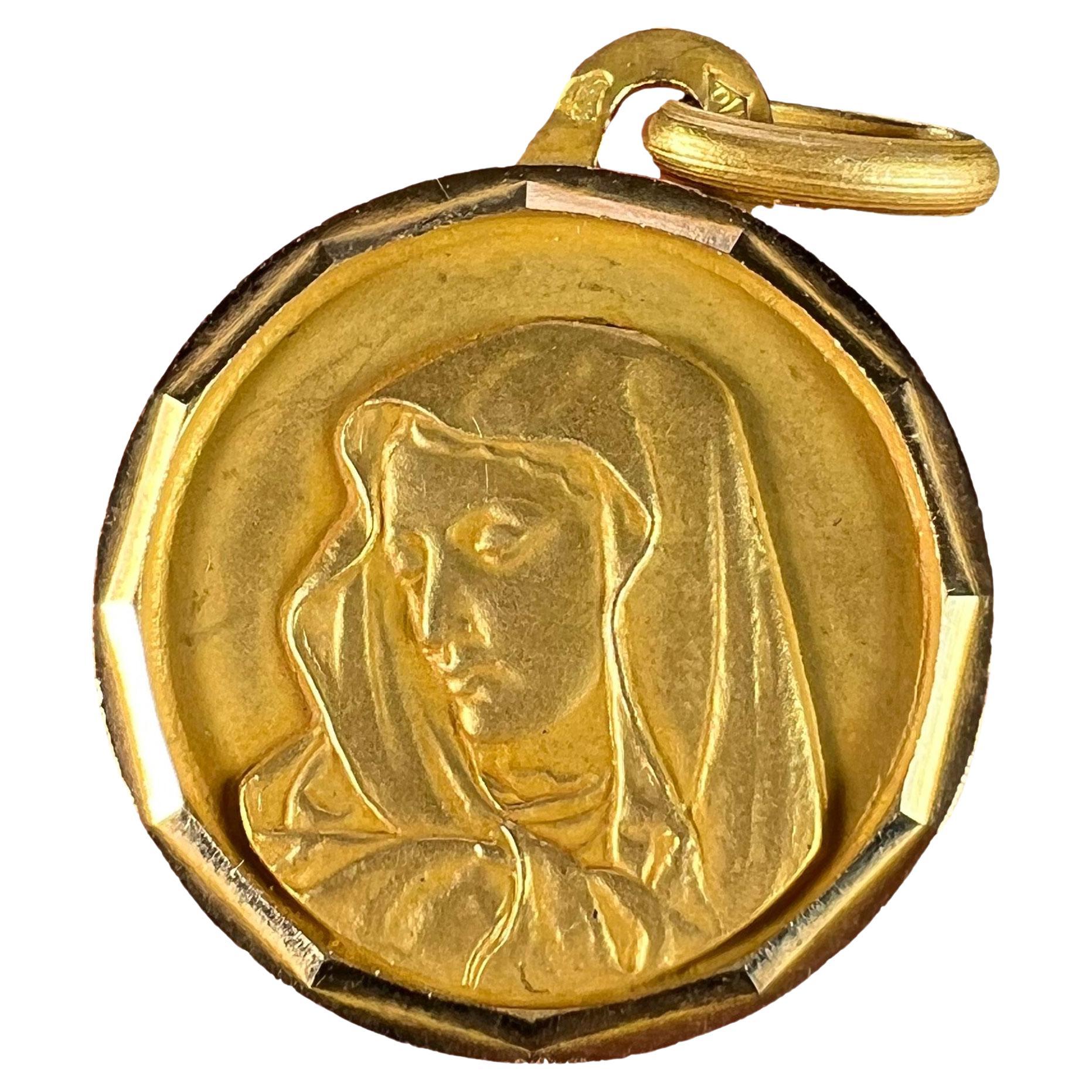 French Virgin Mary 18K Yellow Gold Medal Charm Pendant For Sale