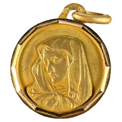Vintage French Virgin Mary 18K Yellow Gold Medal Charm Pendant