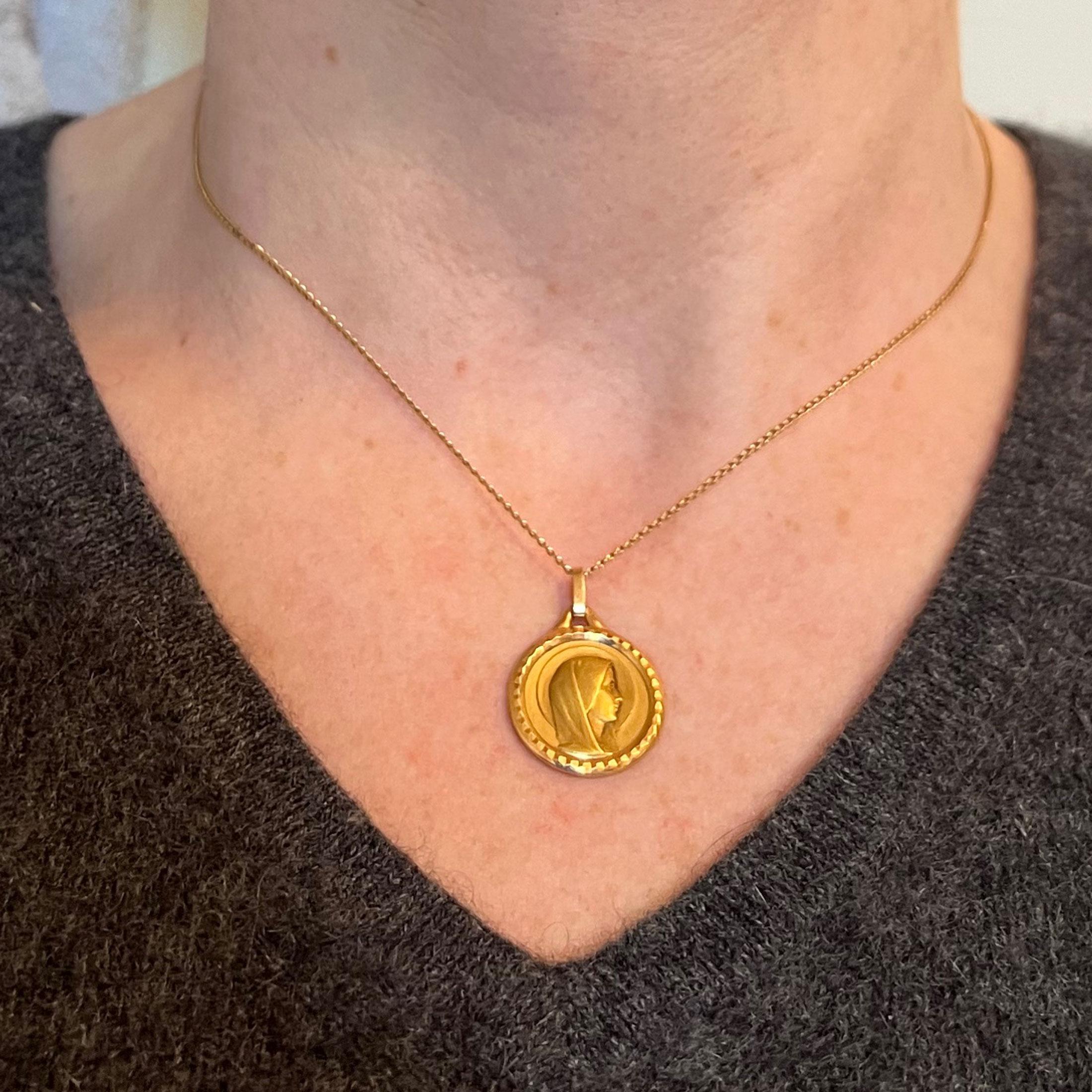 Women's or Men's French Virgin Mary 18K Yellow Gold Medal Pendant