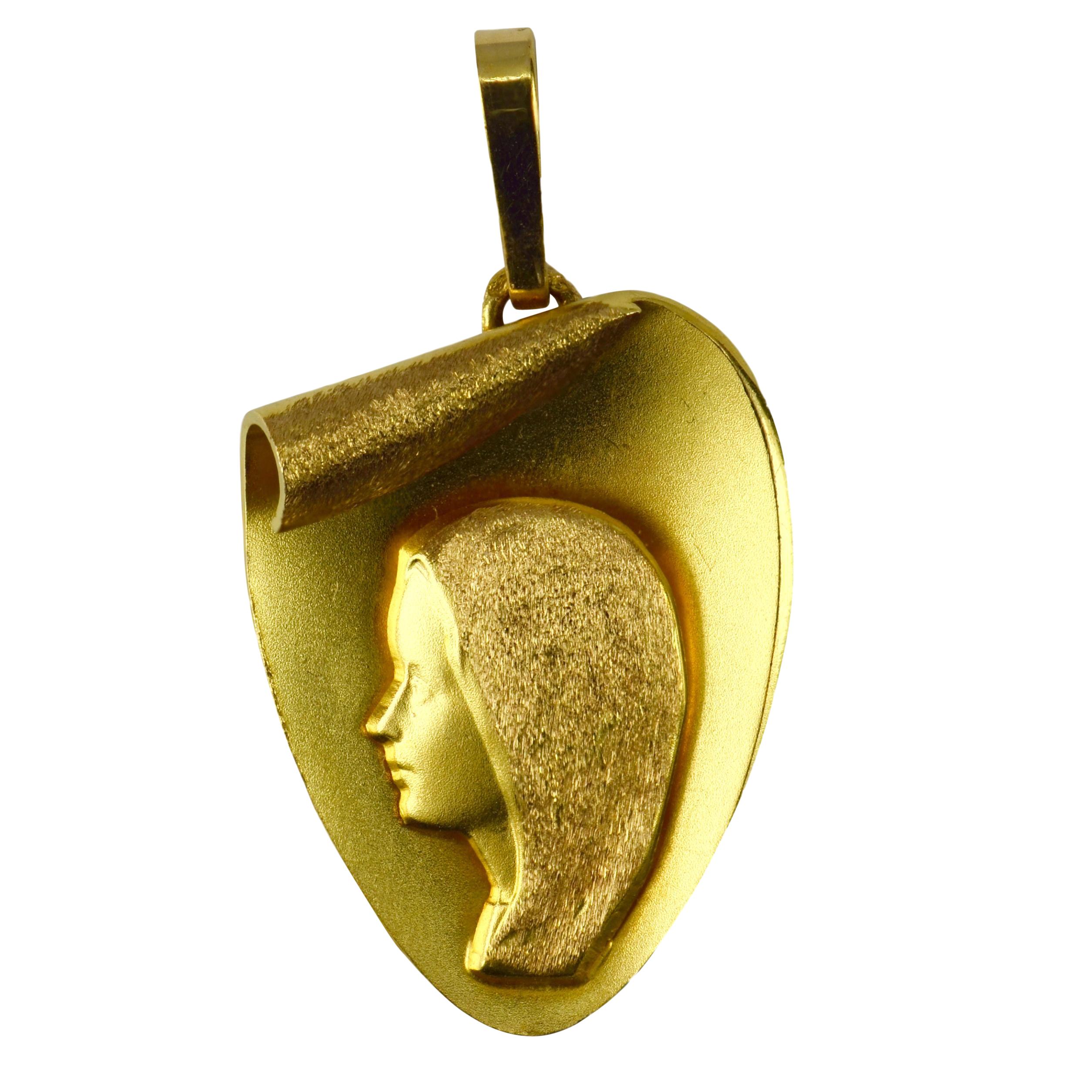 French Virgin Mary 18k Yellow Gold Medal Pendant For Sale