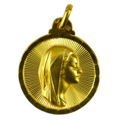 Vintage French Virgin Mary 18k Yellow Gold Medal Pendant