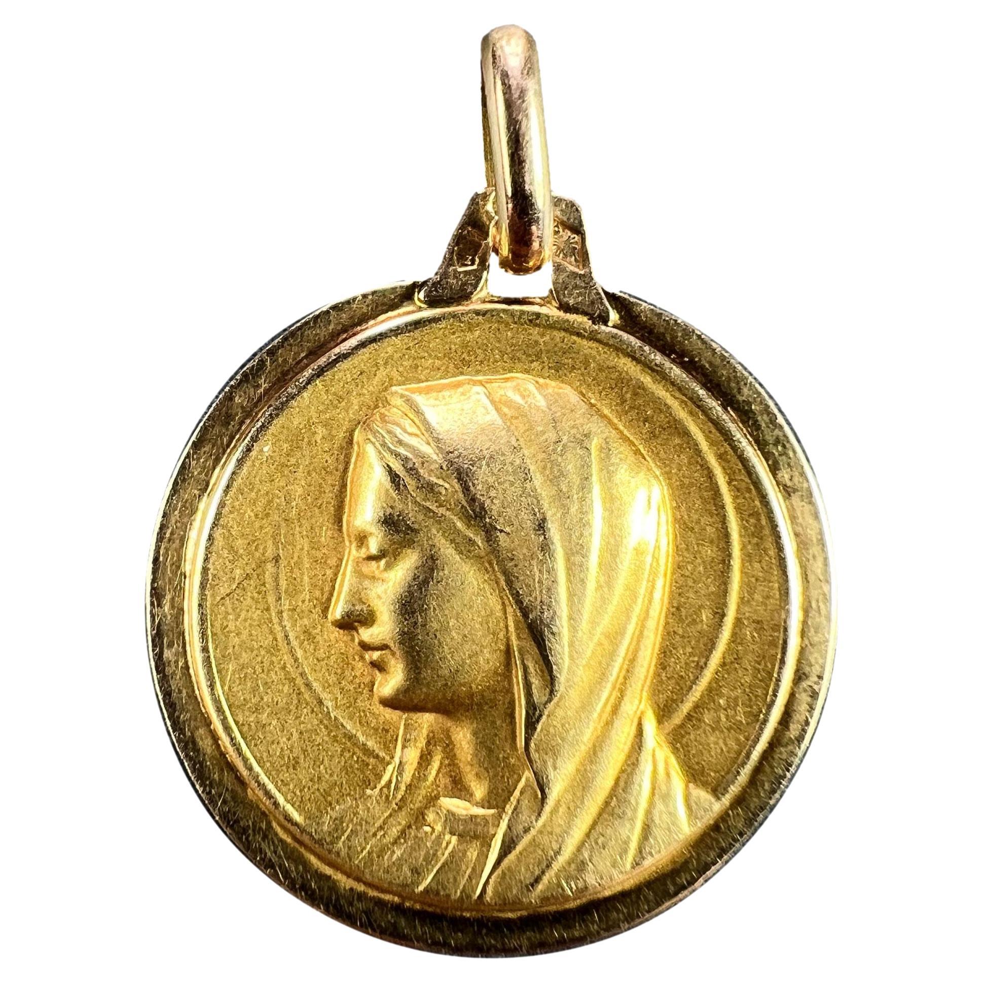French Virgin Mary 18K Yellow Gold Medal Pendant For Sale