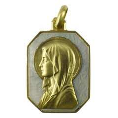 French Virgin Mary 18k Yellow Gold Mother of Pearl Charm Pendant