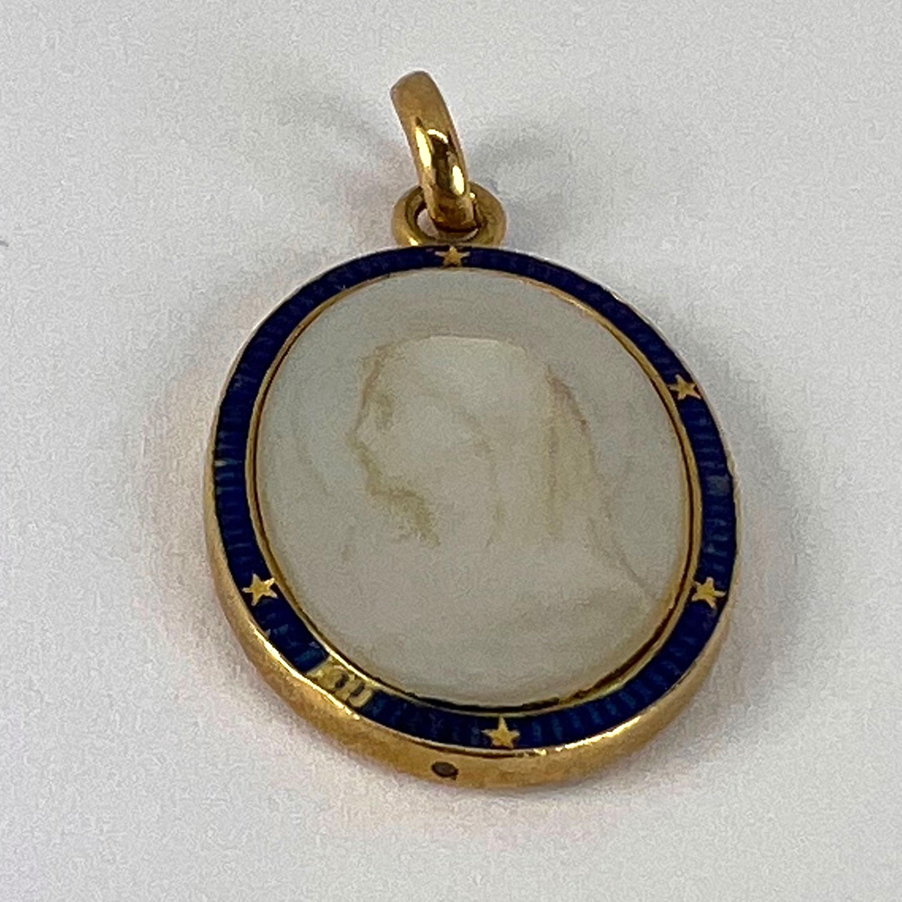 French Virgin Mary 18K Yellow Gold Mother of Pearl Enamel Charm Pendant 6