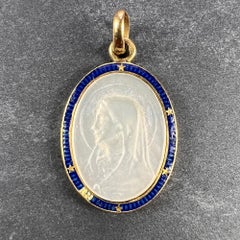 French Virgin Mary 18K Yellow Gold Mother of Pearl Enamel Charm Pendant