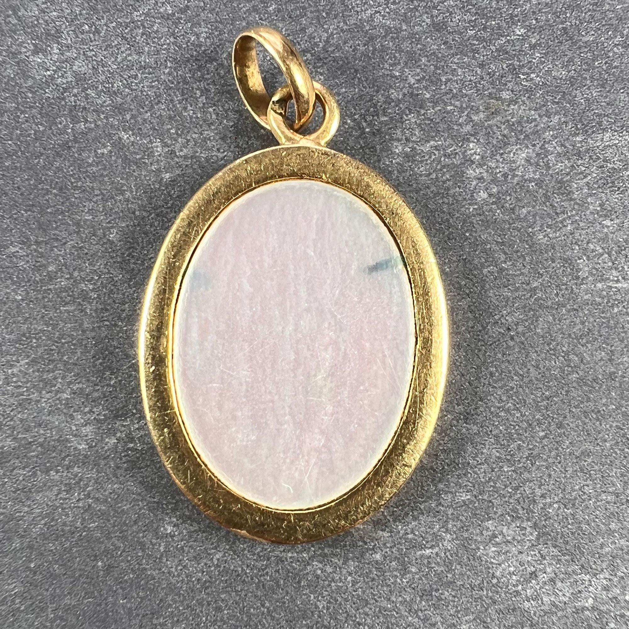 Art Deco French Virgin Mary 18K Yellow Gold Mother of Pearl Enamel Charm Pendant