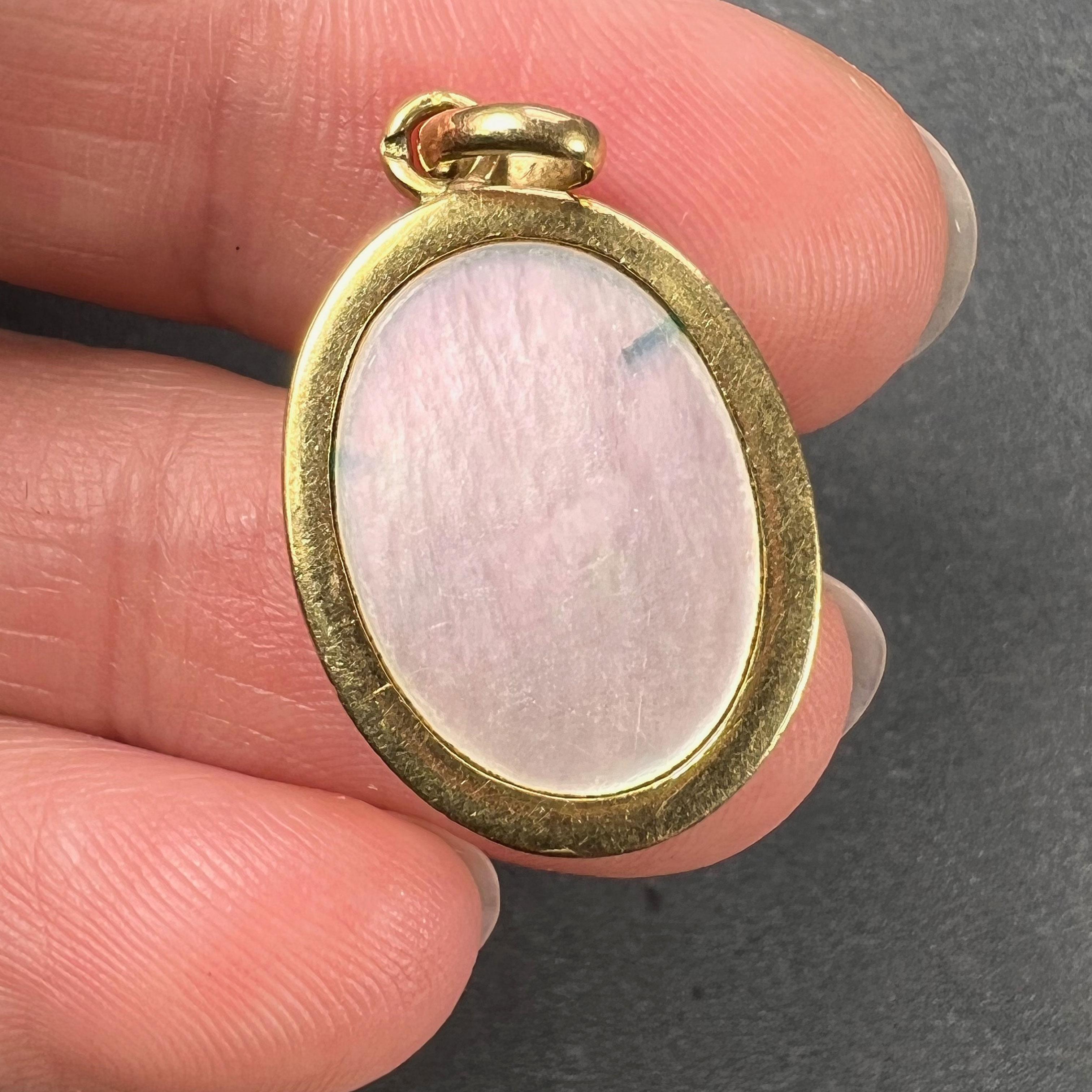 French Virgin Mary 18K Yellow Gold Mother of Pearl Enamel Charm Pendant 2