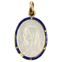 French Virgin Mary 18K Yellow Gold Mother of Pearl Enamel Charm Pendant