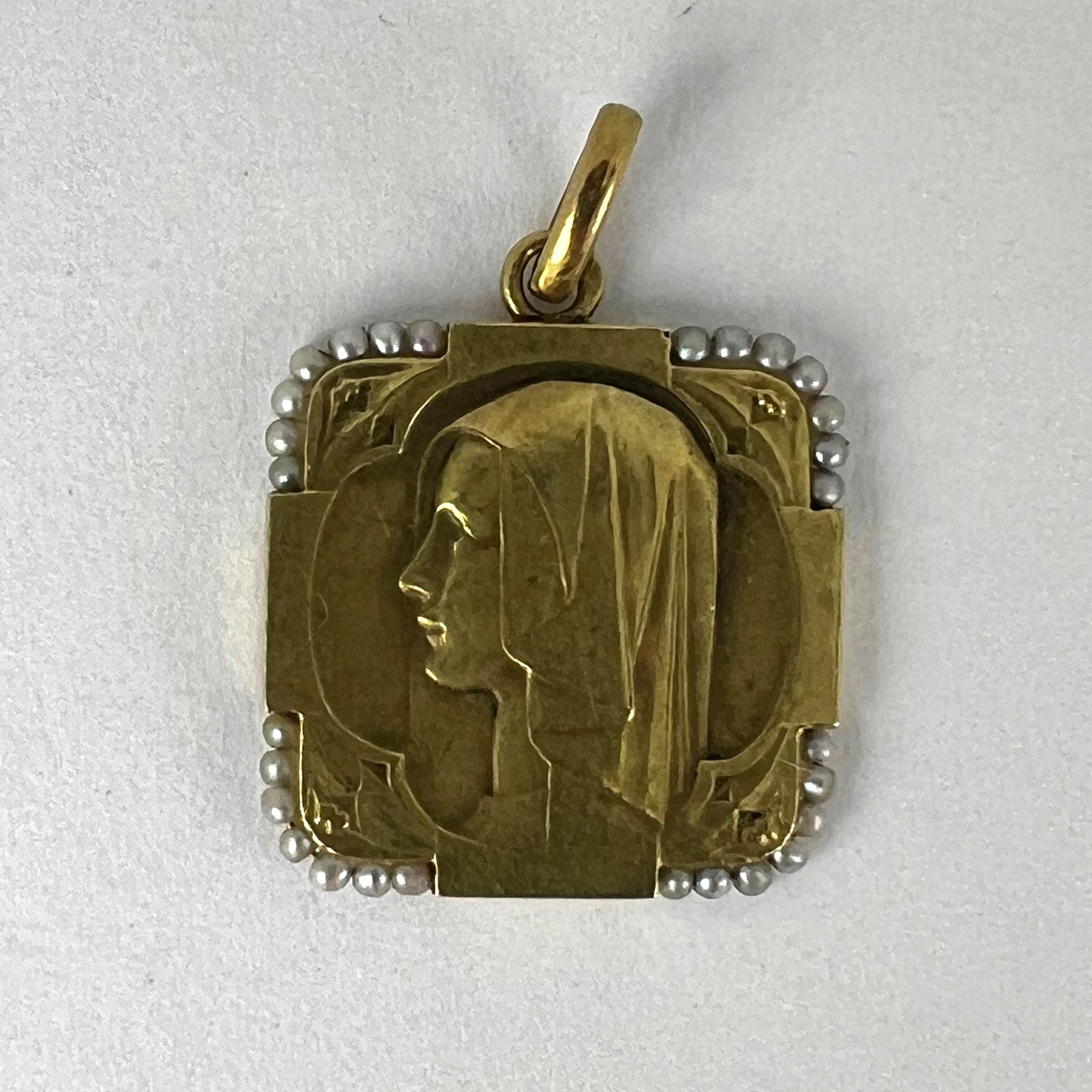 French Virgin Mary 18K Yellow Gold Pearl Charm Pendant For Sale 7