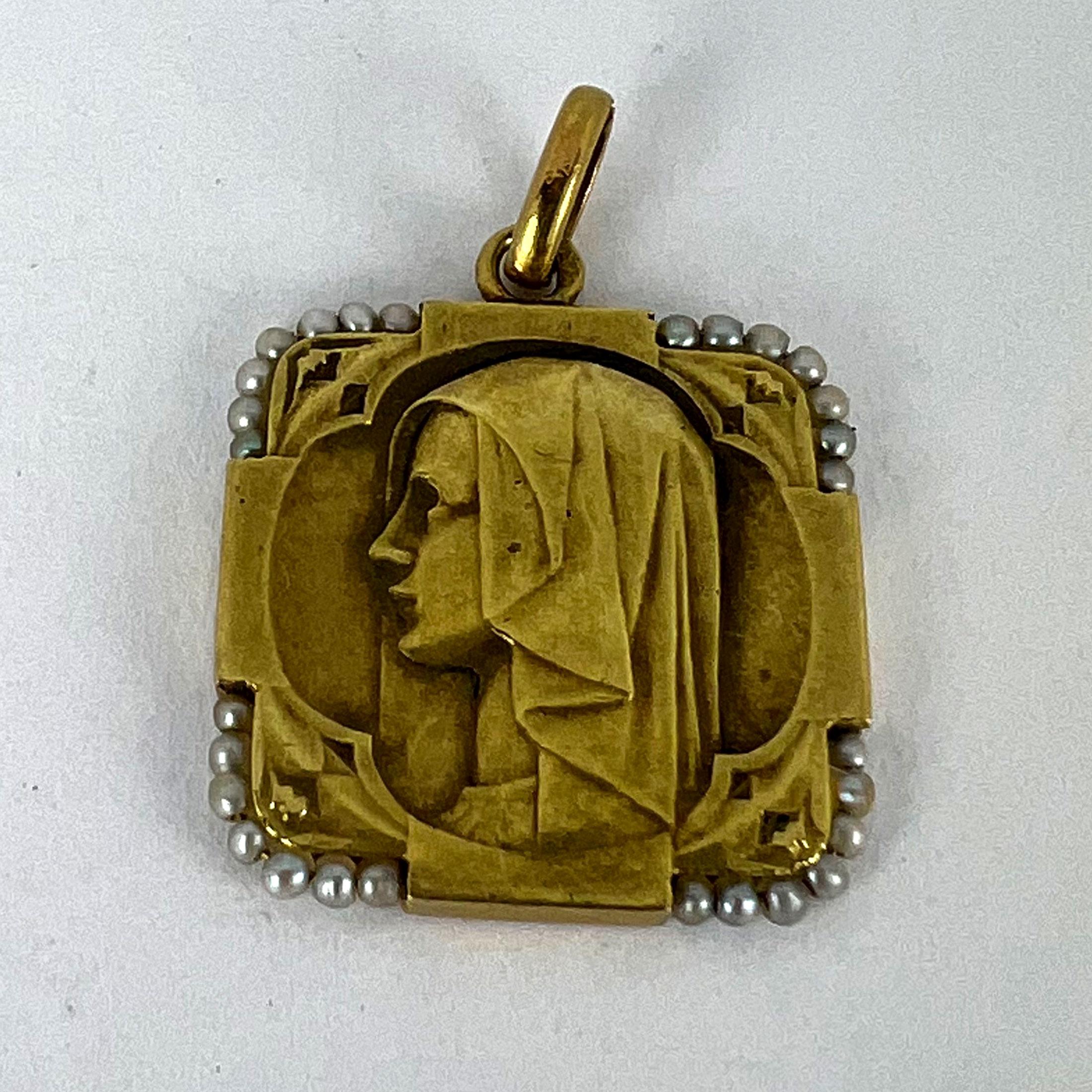 French Virgin Mary 18K Yellow Gold Pearl Charm Pendant For Sale 8