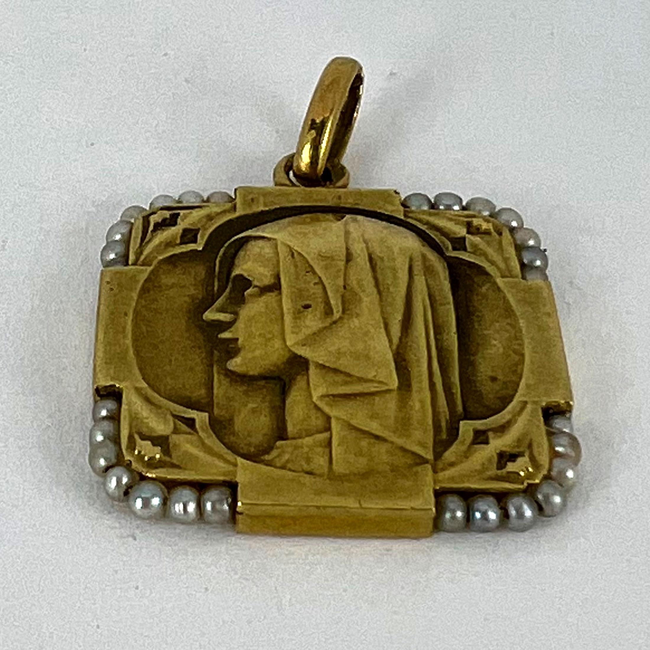 French Virgin Mary 18K Yellow Gold Pearl Charm Pendant For Sale 9
