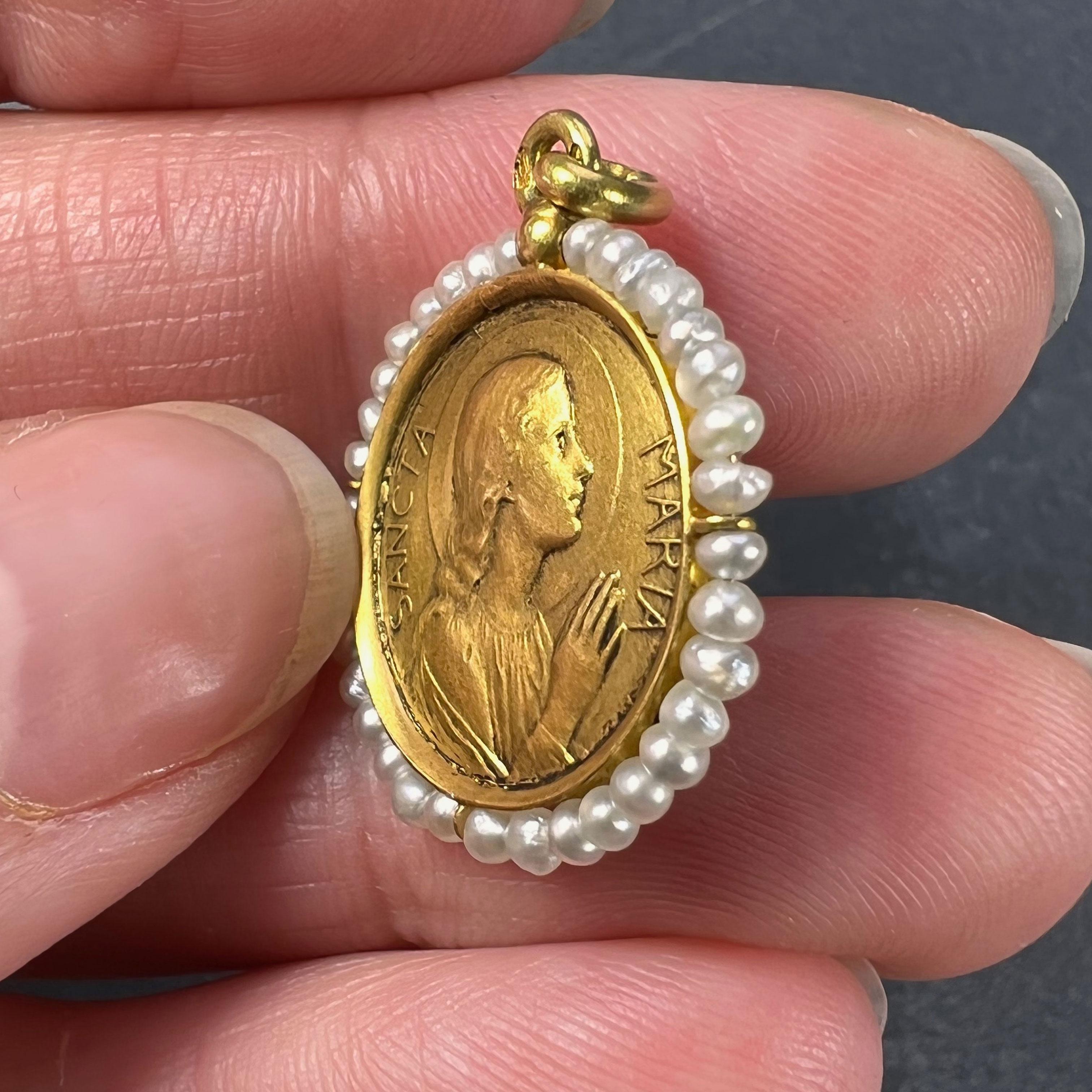 18 Karat Gelbgold Perlen-Charm-Anhänger Französisch Jungfrau Maria Damen im Angebot